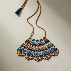 Blue Wave Pattern Kalamkari Upcycled Fabric and Repurposed Wood Necklace