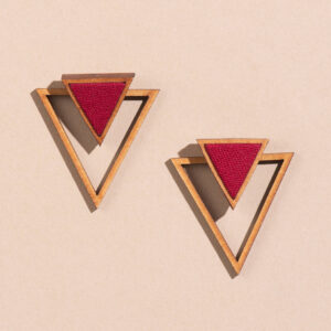 Maroon Two Look in One Upcycled Fabric and Repurposed Wood Triangle Earring
