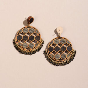 Black Festive Round Upcycled Fabric and Repurposed Wood Earrings