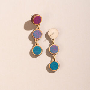 Purple Blue Upcycled Fabric and Repurposed Wood Round Earring