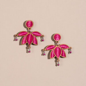Pink Pure Georgette Bandhani Upcycled Fabric and Repurposed Wood Statement Lotus Earrings