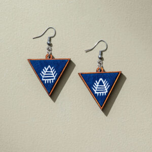 Hand Painted Blue Upcycled Fabric and Repurposed Wood Triangular Earrings