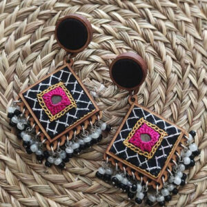 Hand Embroidered Fluorescent Pink Diamond Stud Earrings