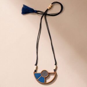 Blue Geometrical Repurposed Fabric and Repurposed Wood Adjustable Pendant Necklace