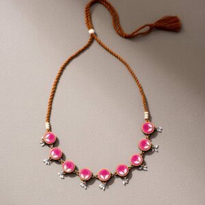 Pink Upcycled Fabric and Repurposed Wood Flower Choker Necklace