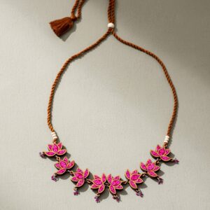 Pink Pure Georgette Bandhani Upcycled Fabric and Repurposed Wood Statement Choker Lotus Necklace