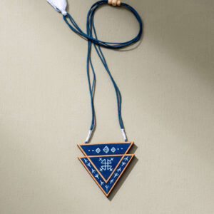 Hand Painted Blue Upcycled Fabric and Repurposed Wood Triangular Necklace