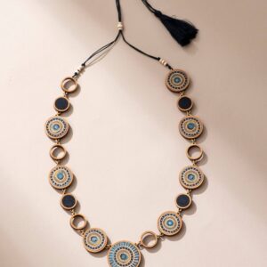 Reversible 2-In-1 Blue Green Repurposed Fabric and Wood Necklace